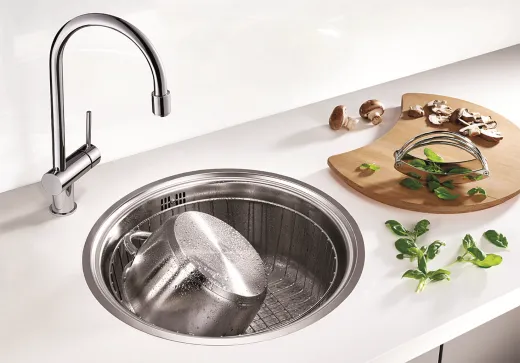 BLANCO Kchensple Rondosol-IF Edelstahlsple / Rundbecken Flachrand mit Siebkorb als Stopfenventil Handbettigung