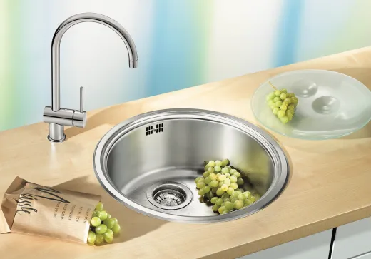 BLANCO Kchensple Rondosol Edelstahlsple / Rundbecken mit Siebkorb als Stopfenventil und Handbettigung