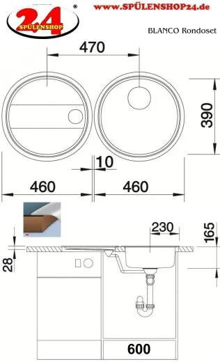 BLANCO Kchensple Rondoset Edelstahlsple / Rundbecken-Set mit Siebkorb als Stopfenventil und Handbettigung