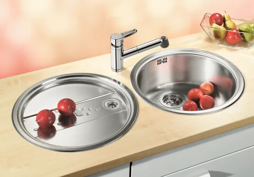 BLANCO Kchensple Rondoset Edelstahlsple / Rundbecken-Set mit Siebkorb als Stopfenventil und Handbettigung