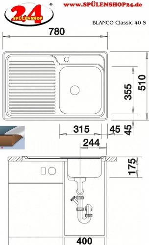 BLANCO Kchensple Classic 40 S Edelstahlsple / Einbausple mit Siebkorb als Stopfenventil und Handbettigung