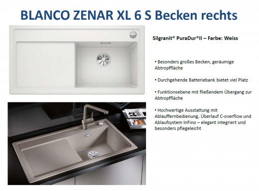 BLANCO Zenar XL 6-S Silgranit PuraDurII Granitsple / Einbausple Ablaufsystem InFino mit Drehknopfventil