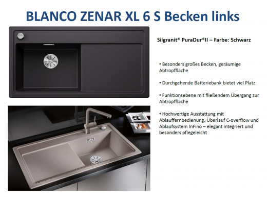 BLANCO Zenar XL 6-S Silgranit PuraDurII Granitsple / Einbausple Ablaufsystem InFino mit Drehknopfventil