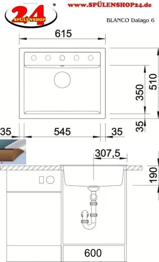 BLANCO Kchensple Dalago 6 Silgranit PuraDurII Granitsple / Einbausple mit Drehknopfventil