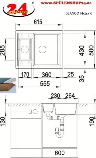 BLANCO Kchensple Metra 6 Silgranit PuraDurII Granitsple / Einbausple mit Drehknopfventil