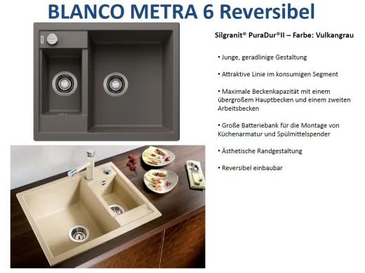 BLANCO Kchensple Metra 6 Silgranit PuraDurII Granitsple / Einbausple mit Drehknopfventil