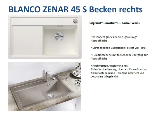 BLANCO Zenar 45 S Silgranit PuraDurII Granitsple / Einbausple Ablaufsystem InFino mit Drehknopfventil