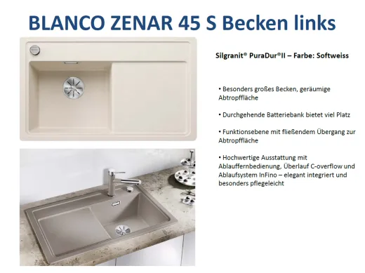 BLANCO Zenar 45 S Silgranit PuraDurII Granitsple / Einbausple Ablaufsystem InFino mit Drehknopfventil