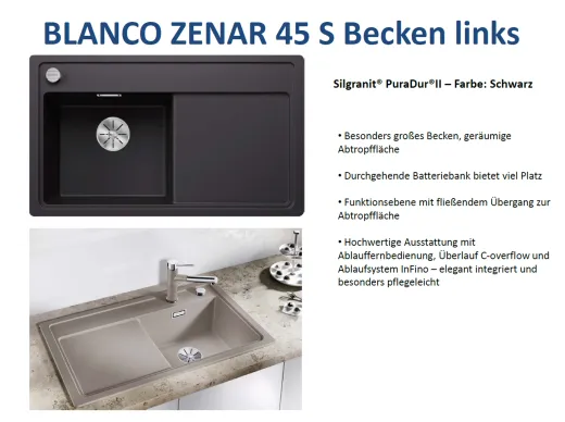 BLANCO Zenar 45 S Silgranit PuraDurII Granitsple / Einbausple Ablaufsystem InFino mit Drehknopfventil