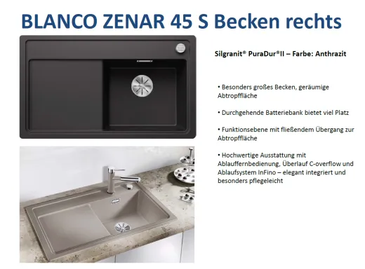BLANCO Zenar 45 S Silgranit PuraDurII Granitsple / Einbausple Ablaufsystem InFino mit Drehknopfventil