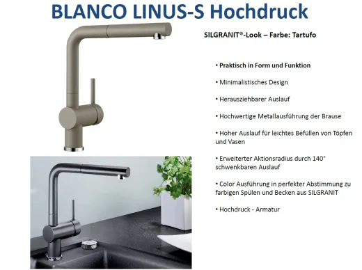 BLANCO Kchenarmatur Linus-S Silgranit-Look Einhebelmischer mit Zugauslauf 140 schwenkbarer Auslauf
