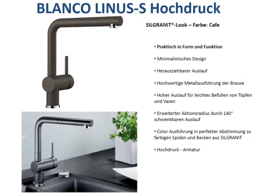 BLANCO Kchenarmatur Linus-S Silgranit-Look Einhebelmischer mit Zugauslauf 140 schwenkbarer Auslauf