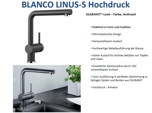 BLANCO Kchenarmatur Linus-S Silgranit-Look Einhebelmischer mit Zugauslauf 140 schwenkbarer Auslauf