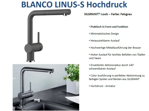 BLANCO Kchenarmatur Linus-S Silgranit-Look Einhebelmischer mit Zugauslauf 140 schwenkbarer Auslauf