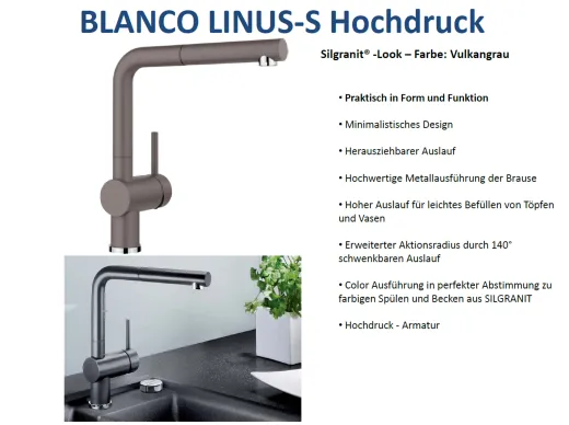 BLANCO Kchenarmatur Linus-S Silgranit-Look Einhebelmischer mit Zugauslauf 140 schwenkbarer Auslauf
