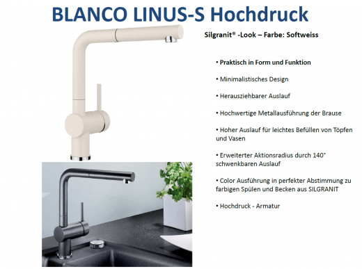 BLANCO Kchenarmatur Linus-S Silgranit-Look Einhebelmischer mit Zugauslauf 140 schwenkbarer Auslauf