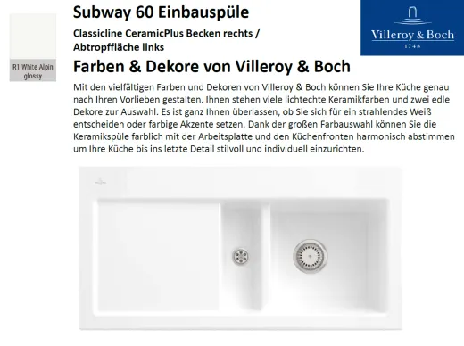 Villeroy & Boch SUBWAY 60-BR-Classicline Einbausple / Keramiksple in Standard Farben