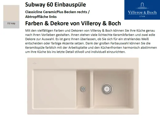 Villeroy & Boch SUBWAY 60-BR-Classicline Einbausple / Keramiksple in Standard Farben