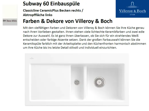 Villeroy & Boch SUBWAY 60-BR-Classicline Einbausple / Keramiksple in Standard Farben