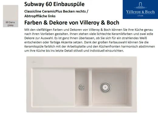 Villeroy & Boch SUBWAY 60-BR-Classicline Einbausple / Keramiksple in Standard Farben
