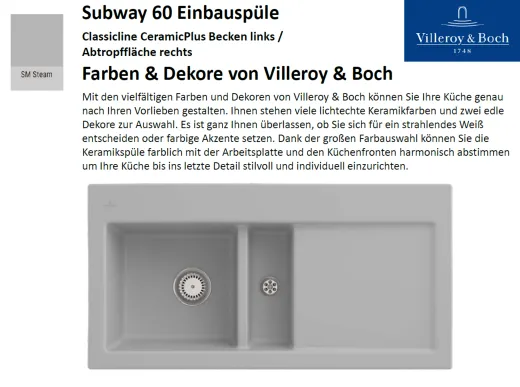 Villeroy & Boch SUBWAY60-BL-Classicline Einbausple / Keramiksple in Standard Farben