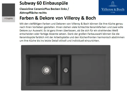 Villeroy & Boch SUBWAY60-BL-Classicline Einbausple / Keramiksple in Standard Farben