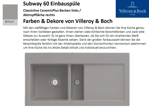 Villeroy & Boch SUBWAY60-BL-Classicline Einbausple / Keramiksple in Standard Farben