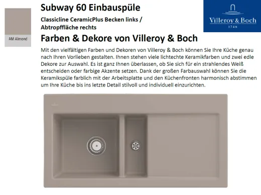 Villeroy & Boch SUBWAY60-BL-Classicline Einbausple / Keramiksple in Standard Farben