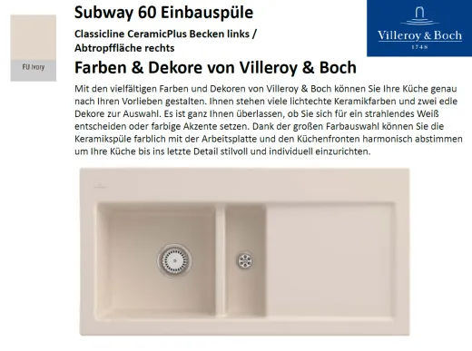 Villeroy & Boch SUBWAY60-BL-Classicline Einbausple / Keramiksple in Standard Farben