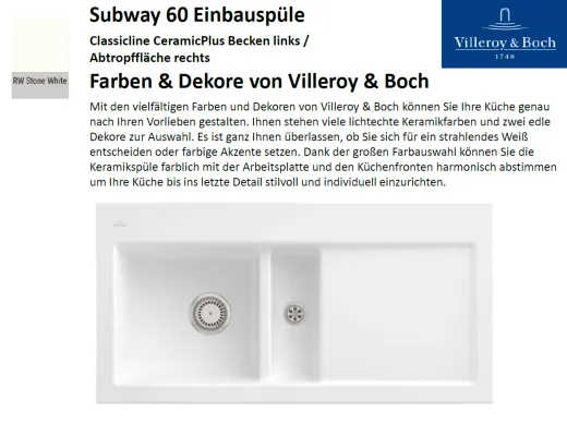 Villeroy & Boch SUBWAY60-BL-Classicline Einbausple / Keramiksple in Standard Farben