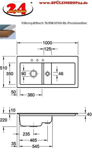 Villeroy & Boch SUBWAY 60-BL-Premiumline Einbausple / Keramiksple in Sonder Farben
