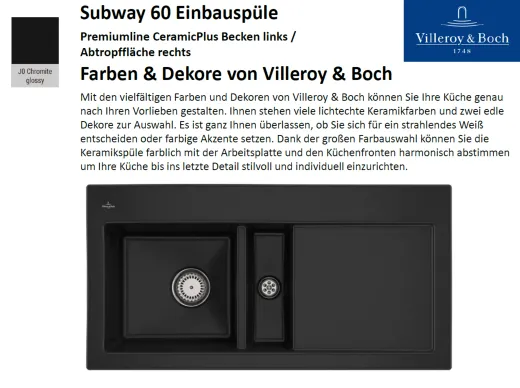 Villeroy & Boch SUBWAY 60-BL-Premiumline Einbausple / Keramiksple in Sonder Farben