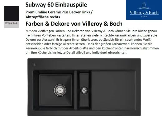 Villeroy & Boch SUBWAY 60-BL-Premiumline Einbausple / Keramiksple in Sonder Farben