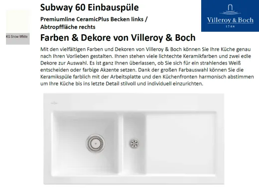 Villeroy & Boch SUBWAY 60-BL-Premiumline Einbausple / Keramiksple in Sonder Farben