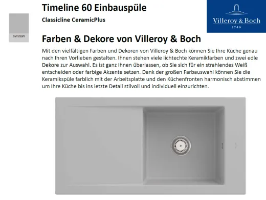 Villeroy & Boch TIMELINE 60-Classicline Einbausple / Keramiksple in Standard Farben