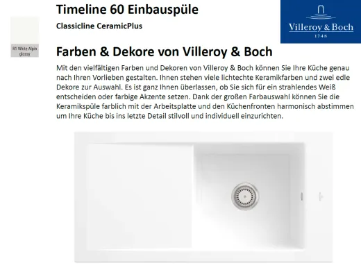 Villeroy & Boch TIMELINE 60-Classicline Einbausple / Keramiksple in Standard Farben