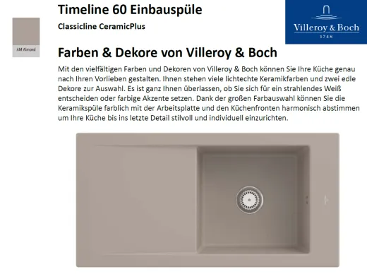 Villeroy & Boch TIMELINE 60-Classicline Einbausple / Keramiksple in Standard Farben