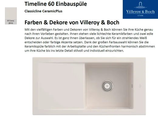 Villeroy & Boch TIMELINE 60-Classicline Einbausple / Keramiksple in Standard Farben