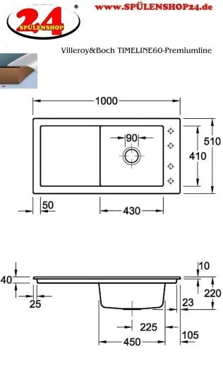 Villeroy & Boch TIMELINE 60-Premiumline Einbausple / Keramiksple in Sonder Farben