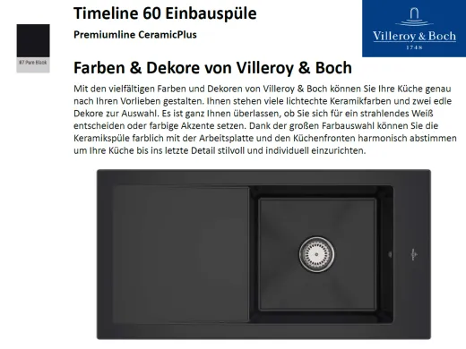 Villeroy & Boch TIMELINE 60-Premiumline Einbausple / Keramiksple in Sonder Farben