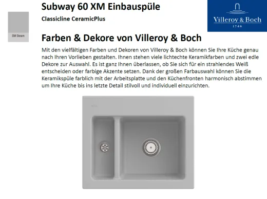 Villeroy & Boch SUBWAY 60 XM-Classicline Einbausple / Keramiksple in Standard Farben