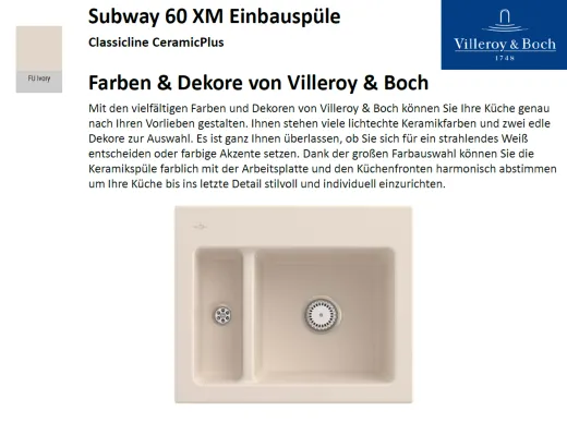 Villeroy & Boch SUBWAY 60 XM-Classicline Einbausple / Keramiksple in Standard Farben