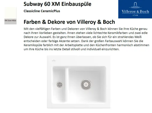 Villeroy & Boch SUBWAY 60 XM-Classicline Einbausple / Keramiksple in Standard Farben