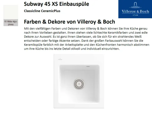 Villeroy & Boch SUBWAY 45-XS-Classicline Einbausple / Keramiksple in Standard Farben