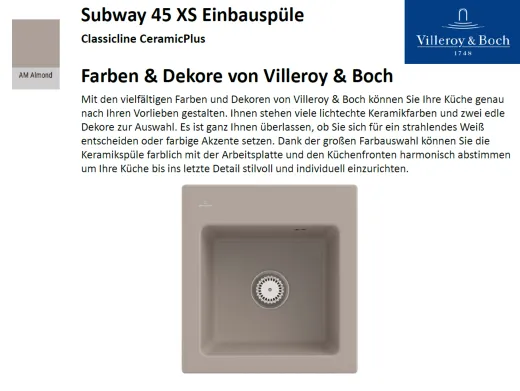 Villeroy & Boch SUBWAY 45-XS-Classicline Einbausple / Keramiksple in Standard Farben