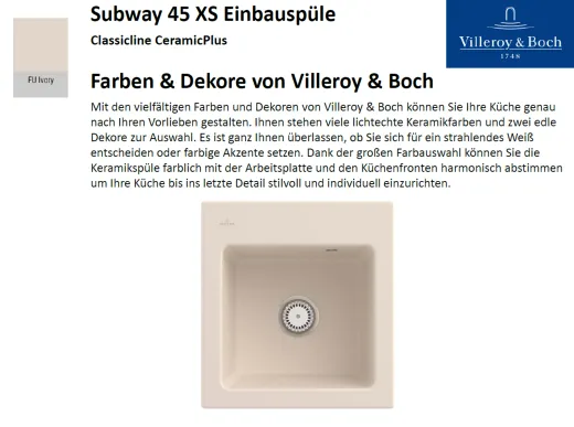 Villeroy & Boch SUBWAY 45-XS-Classicline Einbausple / Keramiksple in Standard Farben