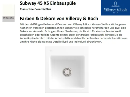 Villeroy & Boch SUBWAY 45-XS-Classicline Einbausple / Keramiksple in Standard Farben