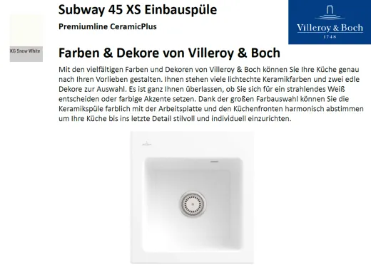 Villeroy & Boch SUBWAY 45-XS-Premiumline Einbausple / Keramiksple in Sonder Farben