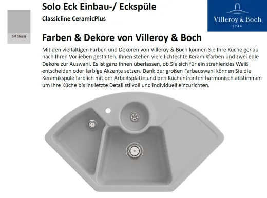 Villeroy & Boch SOLO ECK-Classicline Ecksple / Einbausple / Keramiksple in Standard Farben