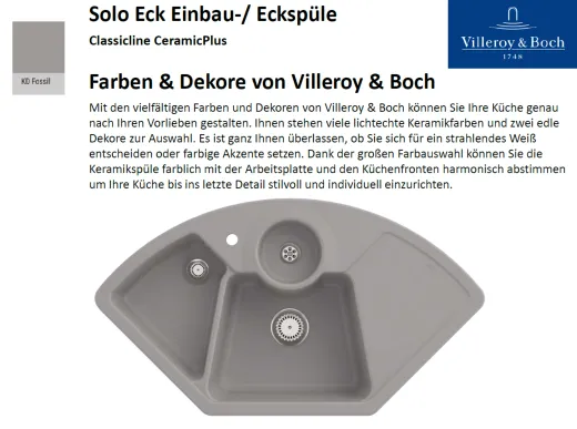 Villeroy & Boch SOLO ECK-Classicline Ecksple / Einbausple / Keramiksple in Standard Farben